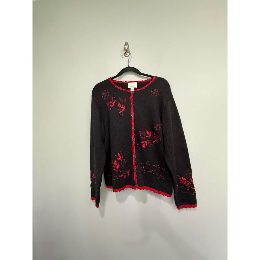 Christopher & Banks Black Red Floral Hand Embroidered Cardigan Sweater Large